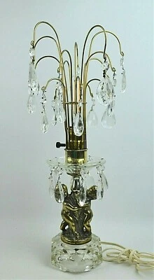 Vintage Crystal Glass Prisms Filigree Cherubs Brass Table Lamp 18"  Beautiful !! - Image 1 of 4