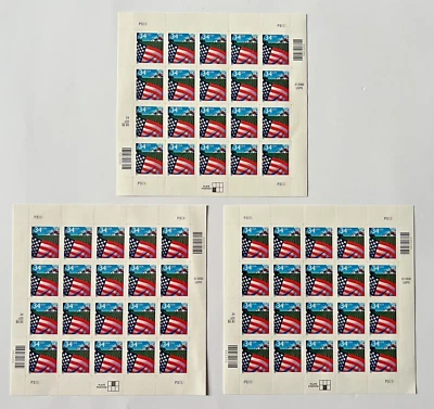 #3449 Flag Over Farm - 3 Sheets x 20 = 60 (34¢) First Class Stamps - FV$20.40 - Image 1 of 3