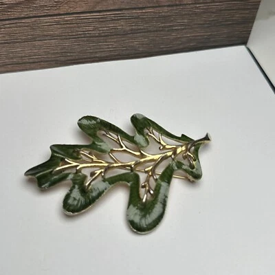 Broche prendedor M. Jent hoja esmalte verde tono dorado otoño vintage firmado Foto 1 de 4