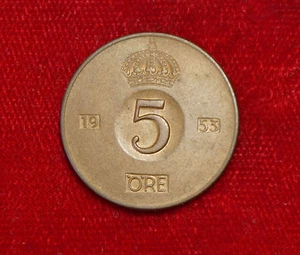 Gustaf VI Adolf Sveriges Konung 1953 5 Ore Coin Coin Sweden - Picture 1 of 2
