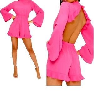 Hot Pink Backless Playsuit UK 6 8 10 12 Long Sleeve Ruffle Romper Party Jumpsuit - Picture 1 of 10