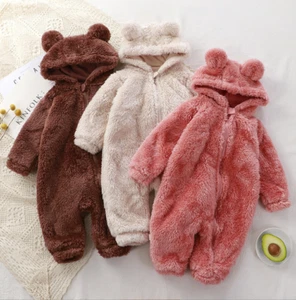 Newborn Baby Fleece Snowsuit Boys Girls Cartoon Bear Warm Hooded Romper Jumpsuit - Picture 1 of 12