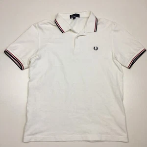 FRED PERRY White Red Navy Trim Logo Buttons Short Sleeve Shirt Men's sz Small/XS - Picture 1 of 11