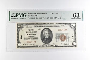 PMG Choice Unc 63 $20 1929 Type 1 Madison WI US Nat'l Currency Fr#1802-1 *8262 - Picture 1 of 3