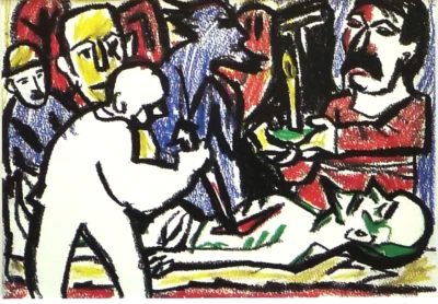 A.R. PENK-Farbige Druckgrafik  " Lenin auf dem Totenbett " 1991, im Passepartout - Bild 1 von 2