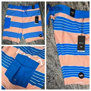 RVCA Uncivil Rayas Talla 32 Board Shorts Surf Bañador Elastizado Azul Melocotón NUEVO - Imagen 1 de 9