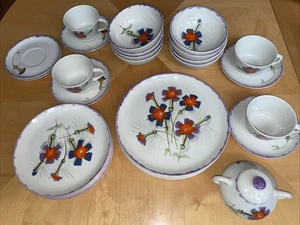 Rare 29 Pc Mancioli Pottery Red Blue Purple Poppi Flower MCM Italy Dish Set LOOK - Picture 1 of 17
