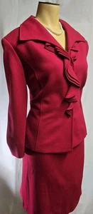 Tahari Arthur S. Levine Mujer Rojo Tejido Falda Traje Volantes Chaqueta Talla 12 Pequeño - Imagen 1 de 13