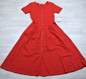 Vestido midi años 90 botones bolsillos delanteros rojo-naranja algodón talla XS vintage EE. UU. - Imagen 1 de 4