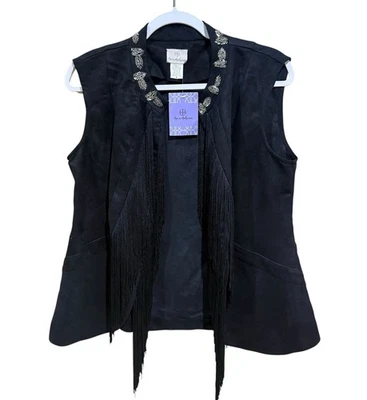 NWT Hot In Hollywood Black Faux Suede Open Front Vest Beads Tassels Size Medium - Image 1 of 4