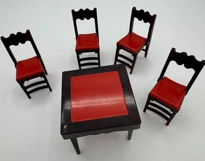 Vintage Ideal ROTER KLAPPTISCH STÜHLE Set Kunststoff Puppenhaus Möbel Lot 1:16 - Bild 1 von 6