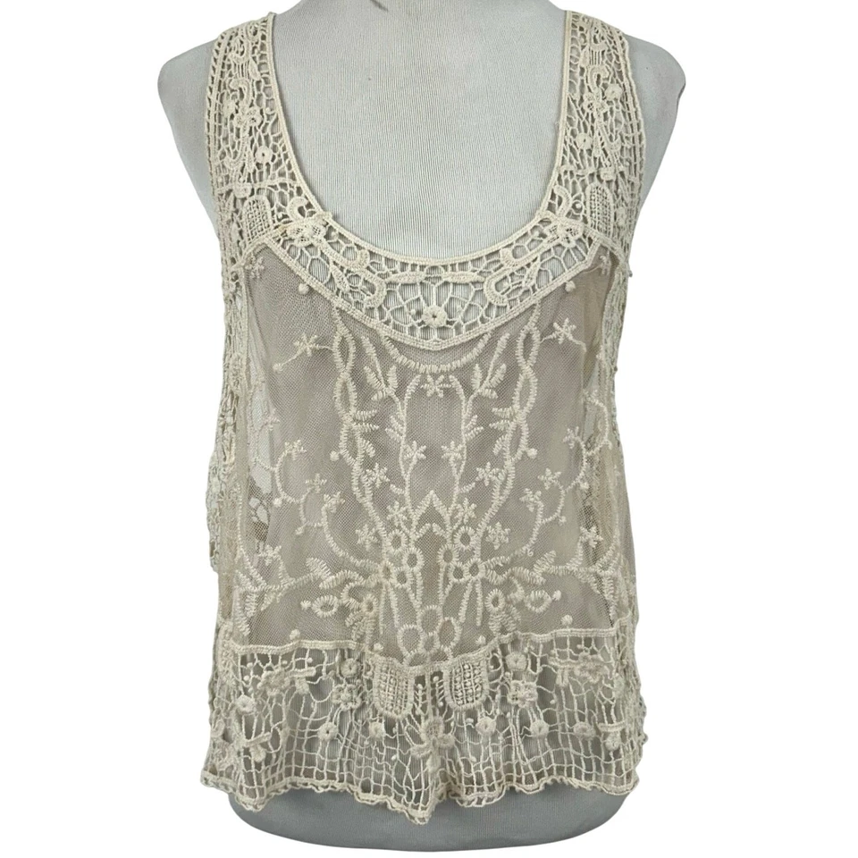 Mujeres Crotchet Boho Hippie Festival Romántico Hada Etérea Camiseta sin Mangas Crema Grande Foto 1 de 4