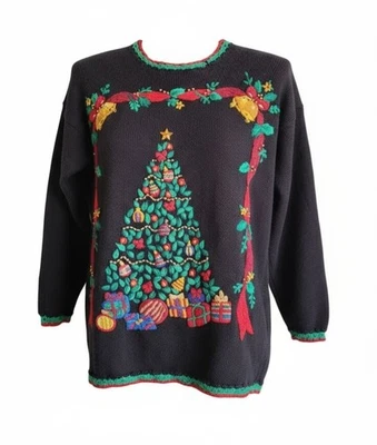 Vtg Nutcracker Ugly Christmas Sweater Black Tree Ramie Cotton Beaded Knit Size M - Image 1 of 4