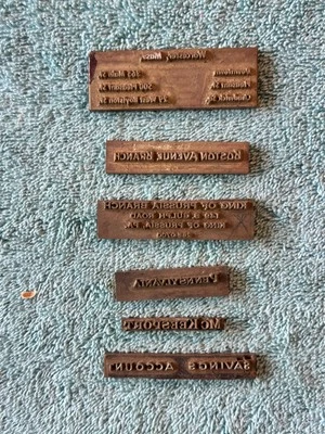 6 Solid Brass Mass. & Penn. Banking System Letter Printing Press Stamps Vintage - Image 1 of 3