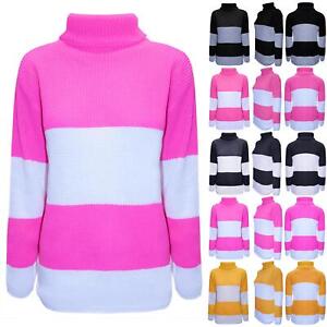 Womens Ladies Chunky Knit Block Stripe Long Sleeve Polo High Neck Sweater Jumper