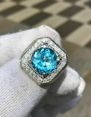 Натуральный синий топаз драгоценный камень с 14K белое золото покрытием серебряное кольцо для мужчин #37 - Изображение 1 из 4