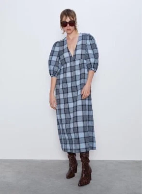 ZARA Dress Large Grey & Black Cotton Checked V Neck Puff Sleeves Midi Length - Image 1 of 4