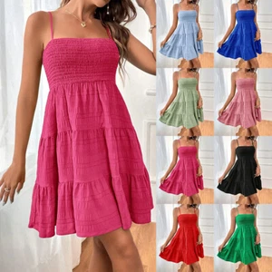 Womens Strappy Ruffle Mini Dress Ladies Summer Beach Holiday Swing Cami Sundress - Picture 1 of 26
