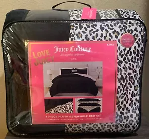 Juicy Couture KING Set 4 Pezzi Trapuntino Reversibile Peluche Nero/Stampa Leopardata - Foto 1 di 9
