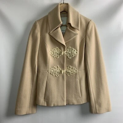 Chaqueta Beth Bowley Beige Mezcla de Lana Cuello Broches Rana Cierre Bolsillo Forrado Talla 4 Foto 1 de 4
