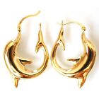 14K Solid Yellow Gold 3D Happy Dolphin Earring. W: 7/8" Length: 1-1/4” E698-10