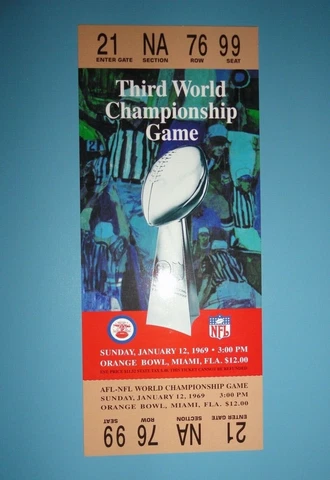 Super Bowl 3 III Replica Ticket ~ New York Jets vs Baltimore Colts ~ Jan 1969 Cover