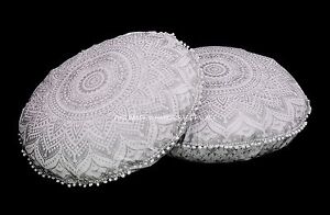 2 PC Indian Silver Ombre Round Mandala Pillow Cover Meditation Floor Cushion 32"