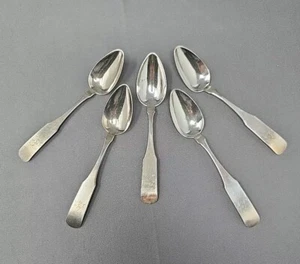 Set 5 Early American Coin Silver Teaspoons E. Wyer Portland Maine C. 1806-48 - Picture 1 of 15