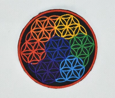 Round Sew On Patch * Nepalese * 8.5cm * Rainbow Flower of Life LGBTQ+ Gay Pride - Image 1 of 3