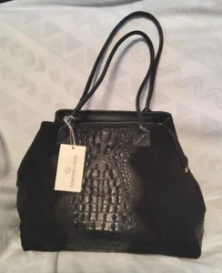 Edmond Louis Schultertasche schwarz Wildleder Kroko-Prägung Leder, schöne Tasche Neu mit Etikett. - Bild 1 von 12