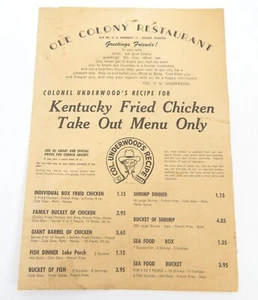 Vintage Ole Colony Restaurant Menü Col. Underwood's Rezept Huhn Stuart Florida 2B - Bild 1 von 7