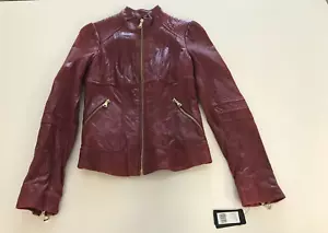 Guess Red 100% Genuine Leather Band Collar Moto Racer Jacket Size X-Small - Picture 1 of 14