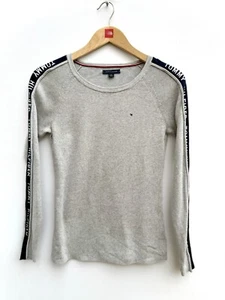 Tommy Hilfiger Self Design Round Neck Grey Sweater Tape Sleeve Cotton Womens M - Picture 1 of 10