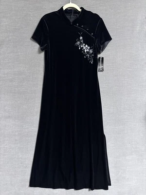 Vestido Connected 12 Petite Negro Terciopelo Bordado Cóctel Midi Cheongsam 3D Foto 1 de 4