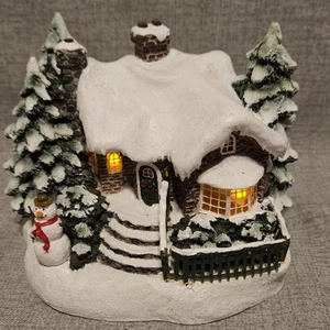 VTG Thomas Kinkade lighted Christmas Winter Snowy Cottage Snowman Christmas tree - Picture 1 of 12
