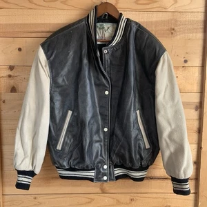 VTG LA Studio Varsity Jacket L Leather Wool Distressed Thrashed Bomber Black - Picture 1 of 10