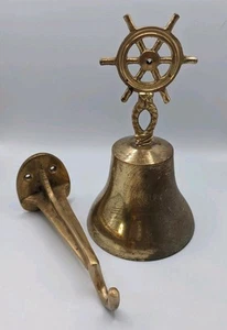 Nautical Captain's Call Solid  Brass Ships Wheel Bell W/ Brass Arm Mount - Picture 1 of 9