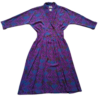 Vestido largo Leslie Fay para mujer 12 púrpura vintage años 80 plisado estampado geométrico Foto 1 de 4