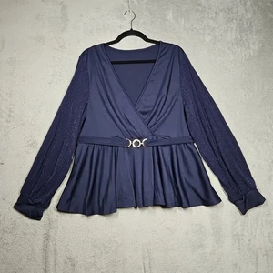 Mitternachtsblaue Bluse mit Rock und goldenem Gürteldetail durchsichtig funkelnd lange Ärmel Gr. 3X - Bild 1 von 15