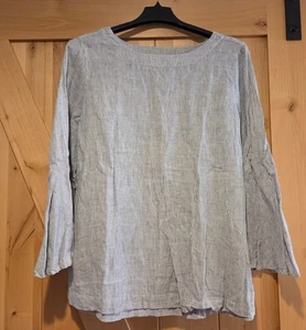 Cynthia Rowley Women's 100% Linen Blouse Striped Blue Bell Sleeve Boho Size 1 X - Picture 1 of 12
