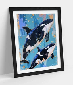 PASTEL BLUE ORCA WHALES PAINTING -FRAMED WALL ART POSTER PAPER PRINT - Picture 1 of 11