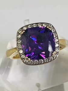 GOLD OVER SOLID STERLING SILVER AMETHYST SPARKLY HALO RING WITH CUBIC ZIRCONIA - Picture 1 of 10