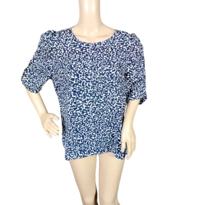 Blusa Gibson & Latimer para mujer mangas abullonadas geométrica ojo de cerradura espalda azul talla L Foto 1 de 4