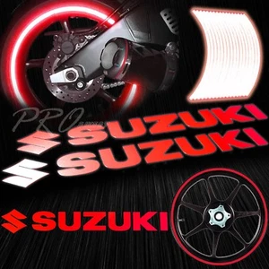 8" Reflective Logo Decal+16"17"18" F+R Rim Tape/Wheel Stripe Sticker Suzuki Red - Picture 1 of 11