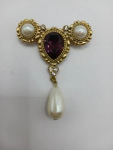 Victorian Antique Style Gold Tone Brooch With Purple Glass Stone and Faux Pearls - Picture 1 of 7