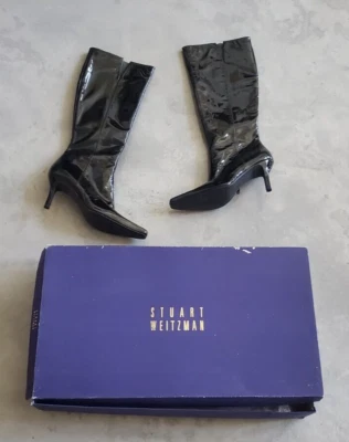 NIB Vintage Y2K 2000s STUART WEITZMAN Black Patent Leather Tall Sexy Boots 8 NEW - Image 1 of 4