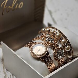 Women's Folio Rose Gold Watch & Bracelets Set New in Box NIB