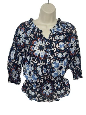JONES NEW YORK Women's Petite Medium Blue Geometric Print Blouse Smocked Details - Image 1 of 4