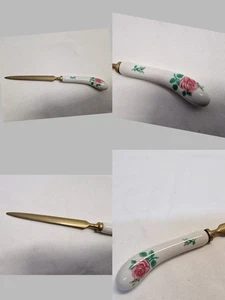 altes Briefmesser Brieföffner Messing Porzellangriff rote Rose 19,4 cm - Bild 1 von 17
