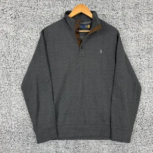 Polo Ralph Lauren Sweater Mens Large Gray Herringbone Mock Neck Leather Trim L - Picture 1 of 15